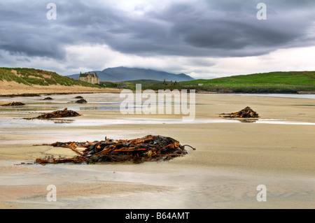 Balnakeil bay Durness, North coast Scotland on a moody day, showing the beach with clumps of seaweed and distant mountains Stock Photo