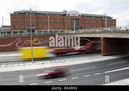 City of Stoke on Trent, England. Fast moving traffic on the A500 road with the Stoke Civic Centre in the background. Stock Photo