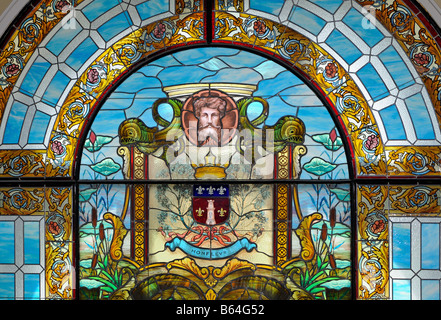 Detail of a stained glass window depicting Champlain's departure from France for Canada in the year 1608, Parliament building, Quebec, Canada Stock Photo