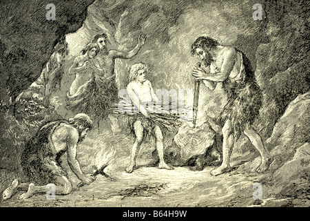 prehistory, people, cavemen in their cave, drawing, 19th century ...