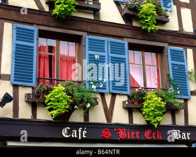 Windows over  french cafe in Alsace region - France Stock Photo