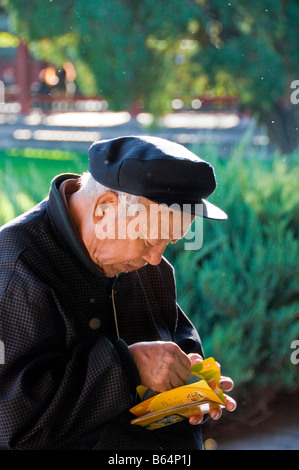 Old man reading on the premices of The Temple of Heaven Beijing Stock Photo