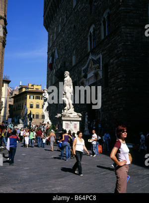Statues at the entrance to The Palazzo Vecchio, the second statue being a copy of Michelangelo's David, Florence, Tuscany, Italy Stock Photo
