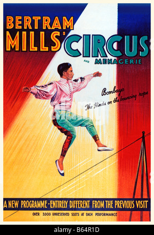 Bertram Mills Circus Bombayo 1950s poster for the English circus and The Hindu On The Bouncing Rope tightrope walker Stock Photo