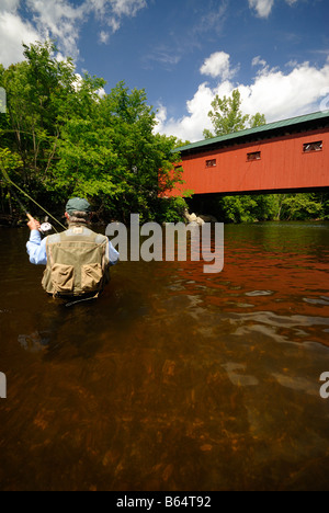 Flyfishing Battenkill River Red Covered Bridge Road Arlington Vermont Stock Photo