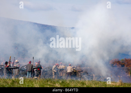 Confederate soldiers fire canons at the renactment of the Battle of Berryville. Stock Photo