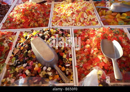 A selection of sweets on a market stall Stock Photo