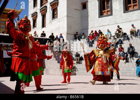 This is Ladakh festival monks are mask dancing and pray in spitok Monastery Ladakh India. Stock Photo