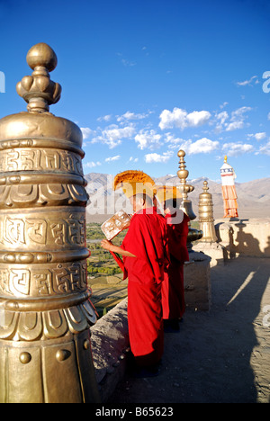 Monks on the rooftop of the Tikhsey monastery are blowing every morning their long horns to anounce the beginning of the new day Stock Photo