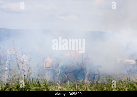 Confederate soldiers fire canons at the renactment of the Battle of Berryville. Stock Photo