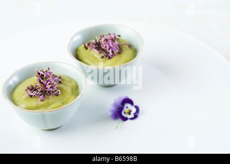 Split pea puree and radish sprouts in small bowls Stock Photo