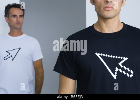 Men wearing tee-shirts printed with computer cursors, cropped Stock Photo