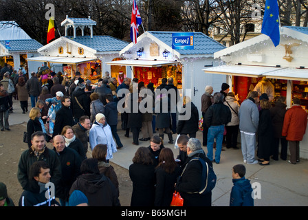 Paris France, Christmas Shopping Crowds at Traditional Holiday Market, Street Vendors, stalls on 'Avenue des Champs  Elysees' Stock Photo