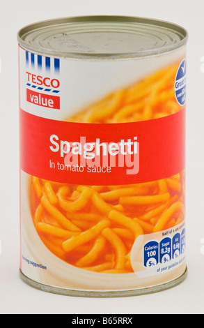 Spaghetti in tomato sauce costing 14p part of the Tesco value range of cheap food sold in the UK Stock Photo