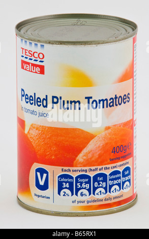 Peeled plum tomatoes in tomato juice costing 33p part of the Tesco value range of cheap food sold in the UK Stock Photo