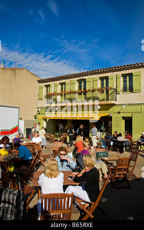 People Enjoying Morning Coffee, The Boulangerie Patisserie on Market Day, Gruissan, Languedoc Roussillon, France Stock Photo
