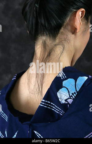Neck of a Japanese Woman in a Blue Kimono Stock Photo