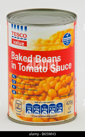 Baked beans in tomato sauce costing 29p part of the Tesco value range of cheap food sold in the UK Stock Photo