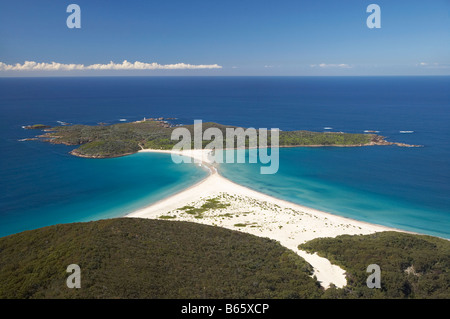 Fingal Bay right Fingal Spit and Point Stephens Tomaree National Park New South Wales Australia aerial Stock Photo