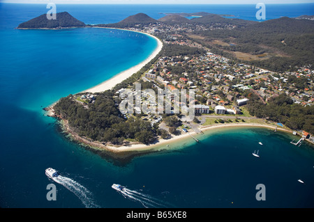 Nelson Head Nelson Bay closest Shoal Bay distance and Tomaree Head Port Stephens New South Wales Australia aerial Stock Photo