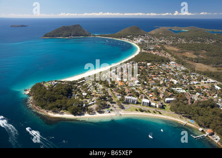 Nelson Head Nelson Bay closest Shoal Bay distance and Tomaree Head Port Stephens New South Wales Australia aerial Stock Photo