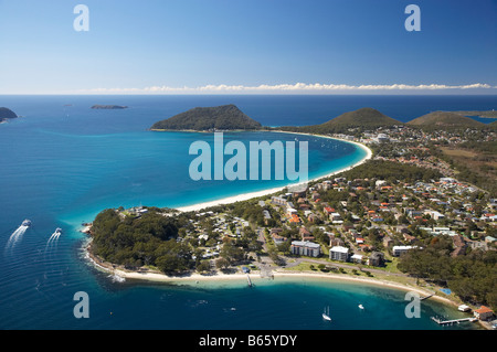 Nelson Head Nelson Bay closest Shoal Bay distance and Tomaree Head Port Stephens New South Wales Australia aerial Stock Photo