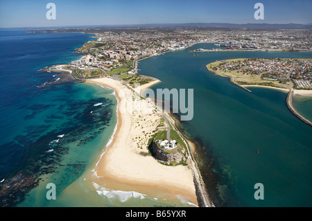 Nobbys Head and Entrance to Newcastle Harbour Newcastle New South Wales Australia aerial Stock Photo