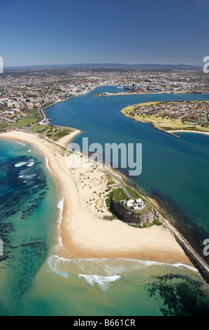 Nobbys Head and Entrance to Newcastle Harbour Newcastle New South Wales Australia aerial Stock Photo