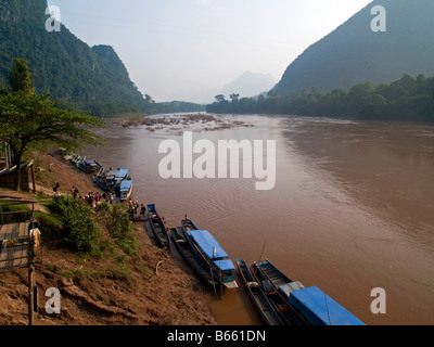 boats on the Nam Ou River in northern Laos Stock Photo
