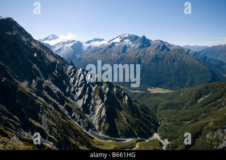 Mount Aspiring over the Matukituki valley, from the Cascade Saddle, Mount Aspiring National Park, South Island, New Zealand Stock Photo