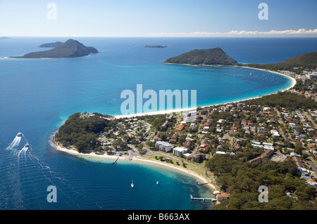 Nelson Head Nelson Bay closest Shoal Bay distance and Tomaree Head Port Stephens New South Wales Australia aerial Stock Photo