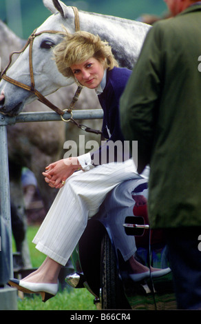 Princess Diana sitting on boot of Prince Charles Aston Martin at Guards Polo Club Windsor Stock Photo