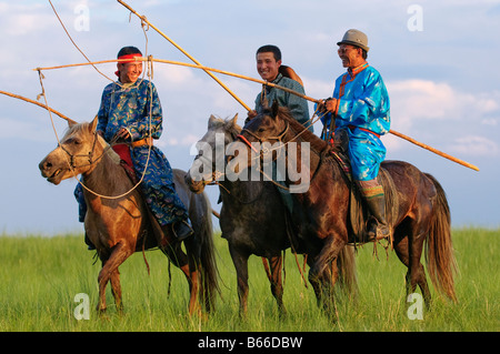 Grasslands herdsman on horseback catches horse with rope and pole urga ...