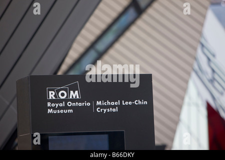 Sign outside the Royal Ontario Museum and the Michael A. Lee-Chin Crystal in the city of Toronto, Ontario, Canada. Stock Photo