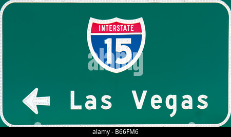 Sign for Interstate 15 to Las Vegas in the Mojave Desert between Las Vegas and Los Angeles, California Stock Photo