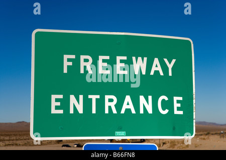 Sign for Freeway Entrance on I15 in the Mojave Desert between Las Vegas and Los Angeles, California Stock Photo