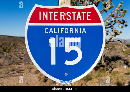 Sign for Interstate 15 in the Mojave Desert between Las Vegas and Los Angeles, California Stock Photo