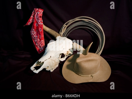 A bleached steer skull with horns coiled rope bandana and hat on a black background Stock Photo