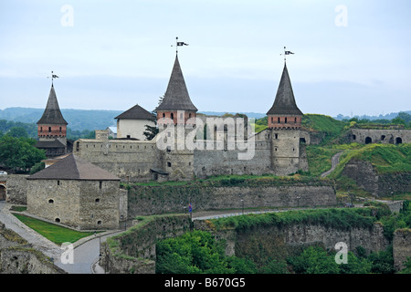 Walls and towers of medieval fortress Kamianets Podilskyi (Kamenetz, Kamieniec), Podolia, Khmelnytskyi oblast (region), Ukraine Stock Photo