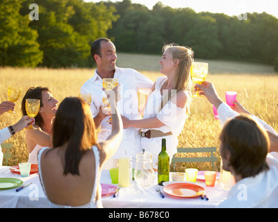People having dinner, toasting glasses Stock Photo