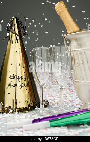 Party hat and champagne Stock Photo