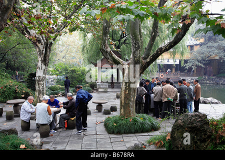 China Shanghai Renmin Park people playing cards leisure Stock Photo