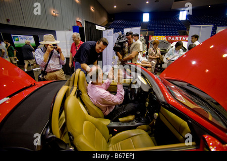 Designer of Porsche sports car giving interview at "AltCar" show exhibition in Santa Monica, CA Stock Photo