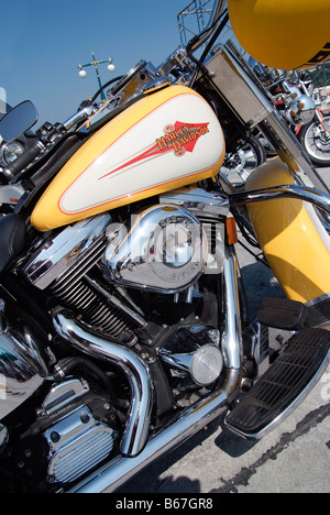 Tilted view of classic style yellow Harley Davidson motorcycle Stock Photo