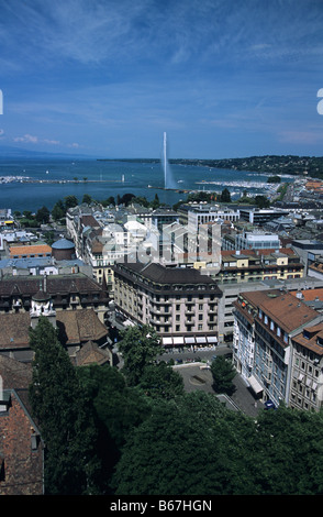 View over rooftops of Geneva, Lake Leman, fountain and harbour, Geneva, Switzerland Stock Photo