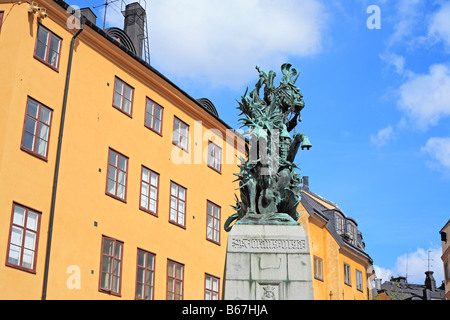 Saint George defeating dragon, Bronze Sculpture, Monument, Gamla stan (Old Town), Stockholm, Sweden Stock Photo
