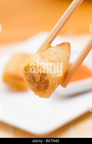 Close-up of a spring roll held in chopsticks Stock Photo