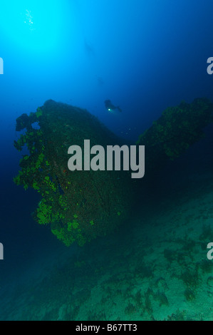 Diver at Stern of Wreck Vassilios T Vis Island Mediterranean Sea Croatia Stock Photo
