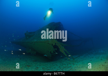 Diver at Bow of Wreck Vassilios T Vis Island Mediterranean Sea Croatia Stock Photo