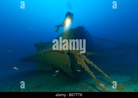 Diver at Bow of Wreck Vassilios T Vis Island Mediterranean Sea Croatia Stock Photo